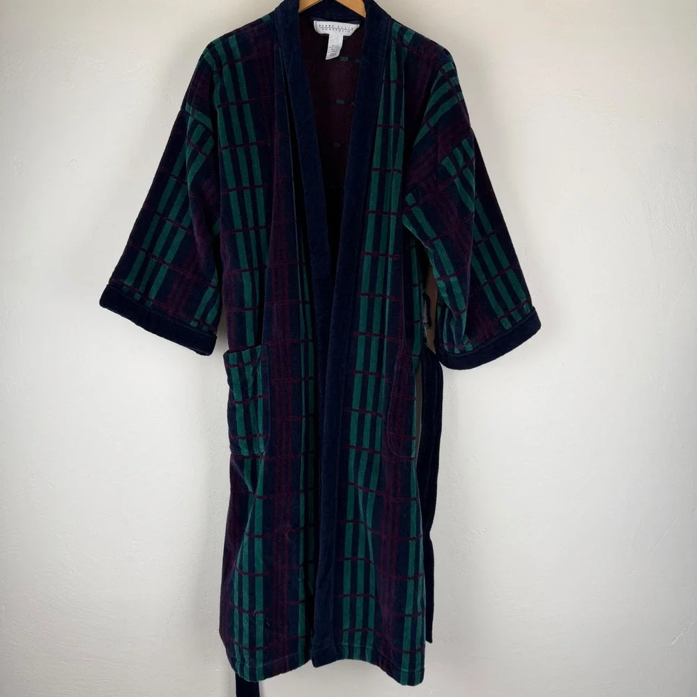 Perry Ellis Portfolio Mens Plaid Cotton Velour Robe Navy Green One Size OS